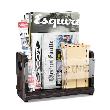 Imagem de Porta-revistas de madeira rústica, suporte decorativo para revistas, organizador de pastas de arquivos para mesa, suporte de exibição de livros para cartas, correios, revistas, livros, jornais (preto)