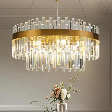 Imagem de PAFEE Lustres de cristal modernos de 61 cm para sala de jantar 9 lustres dourados claros redondos 2 níveis luminária pendente ajustável para cozinha, ilha, sala de estar, quarto, hall de entrada E12