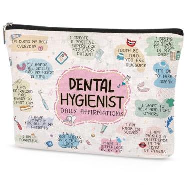 Imagem de SEAOYOZO Bolsa de maquiagem para presente de higiene dental para mulheres, bolsa de cosméticos divertida para assistente dental, bolsa de higiene pessoal de afirmações diárias, organizador leve com