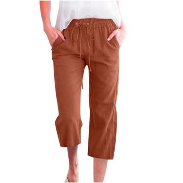 Imagem de Calça capris feminina, linho, casual, verão, reta, perna larga - Marca