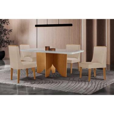 Imagem de Conjunto Sala de Jantar Nevada c/ Tampo Madeirado c/ Vidro Canto Curvo 120x80cm e 4 Cadeiras Dakota Madeira Maciça Naturale/Off White - Capuccino/Sued