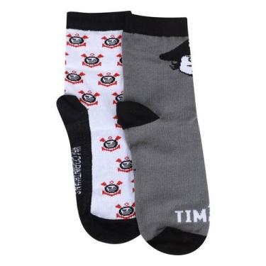 Imagem de Kit Meia Corinthians Infantil Rikam C/ 2 Pares, Cinza, Branco, 21/24