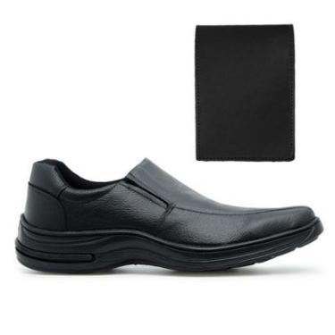 Imagem de Kit Sapato Social Masculino Couro Legitimo Ortopédico Palmilha Macia Sola Costurada+Carteira 33/46-Masculino