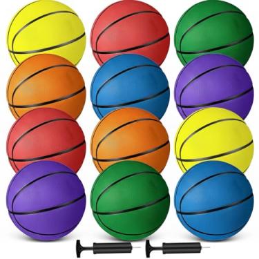 Imagem de Wettarn 12 peças de mini bolas de basquete para crianças – Tamanho 3 de borracha colorida a granel com bomba para mini aro, jogo de treino interno e externo, festa de feriado, 18 cm (cores brilhantes)