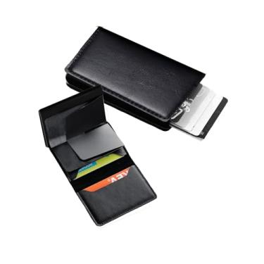 Imagem de Carteira masculina pop up, fina, com bloqueio de RFID, porta-cartões de crédito, inteligente, minimalista, serve para 6 cartões, bolso frontal, bolso traseiro, porta-cartões inteligente, Preto, Casual