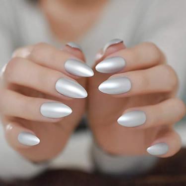 Imagem de Unhas em bastão de amêndoa, cor prata brilhante, acrílico prensado, tamanho curto, produtos de beleza para mulheres e meninas