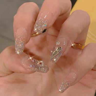 Imagem de Kit de unhas de pressão médio longo caixão ombré nude rosa falso cola em unhas com design de strass 3D glitter cobertura completa bastão falso artificial em unhas de acrílico para mulheres, 24 peças