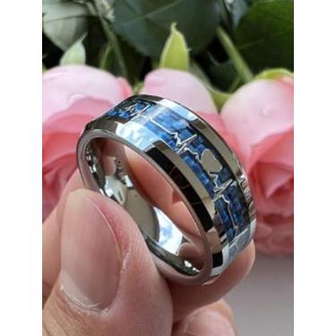 Imagem de Anel de aço inoxidável elegante design de batimento cardíaco com banda de fibra azul unissex anel de noivado e casamento festa e presente de dia dos namorados