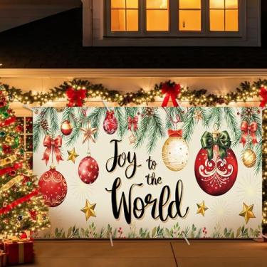 Imagem de VitalCozy Christmas Joy to The World Capa de porta de garagem de 4,9 x 2,1 m, bolas vermelhas de Natal, capa de presépio grande, decoração de fundo de festa de Natal, adereços de cabine de fotos para