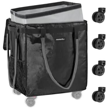 Imagem de Fanwoli Bolsa de compras reutilizável com forro removível | Tecido resistente a rugas | Rodas de estabilidade melhorada e alça estendida | Carrinho de compras dobrável para mantimentos e lavanderia