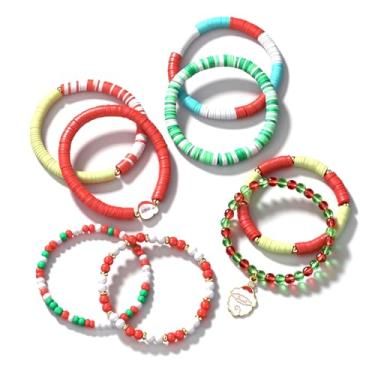 Imagem de OATHYAN 7-8 peças de pulseira Heishi de Natal para mulheres, linda pulseira de liga elástica, conjunto de contas de argila de polímero com pingentes de letras, One Size, Liga de aço Argila de polímero