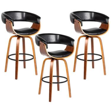 Imagem de Kit 3 Banquetas Giratória Alta Com Encosto Base Madeira Ravi R02 Sintético Preto - Mpozenato