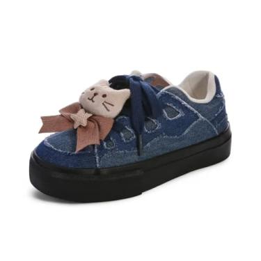 Imagem de Kawaii Y2K Tênis plataforma moderno, design de gato com laço, sapatos casuais de caminhada para mulheres e meninas, Jeans azul, 33