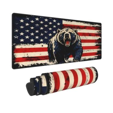 Imagem de CANFLASHION Tapete de mouse com bandeira americana, tapete de mesa de escritório 80 cm x 28 cm, mouse pad grande para jogos com design de urso de alta tecnologia, XL estendido à prova d'água para