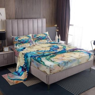 Imagem de Jogo de lençol Queen com caranguejo infantil, bússola náutica, aventura oceânica, decoração de quarto de meninos e meninas, criatura marinha azul bege, 4 peças (elástico + plano + 2 fronhas)
