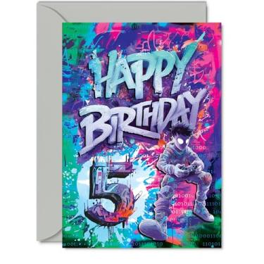 Imagem de Giftzie Cartões de aniversário de 5 anos para meninos e meninas - Epic Gamer - Cartão de feliz aniversário para menino de 5 anos de idade, filho, neto, sobrinha, irmão, 12 x 17 cm, cartões