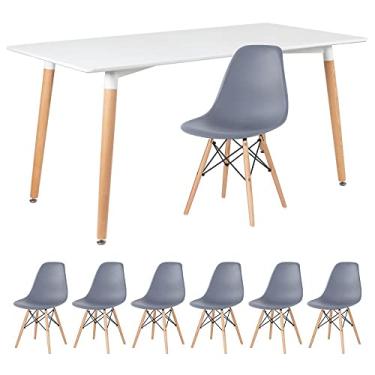 Imagem de Loft7, Kit - Mesa de jantar retangular Eames 80 x 160 cm branco + 6 cadeiras Eiffel Dsw Cinza escuro