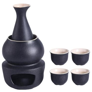 Imagem de Conjunto de aquecedor de saquê tradicional chinês, pote de cerâmica com 4 xícaras, vela aquecida, cerâmica preta, inclui base, panela e aquecedor, copos de 4 cm / 4,1 cm