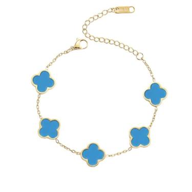 Imagem de Pulseira feminina de trevo de quatro folhas banhada a ouro 18K - Corrente de aço inoxidável com pingente de flor azul - Presente delicado da sorte para ela, elo ajustável