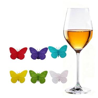 Imagem de 6 peças de marcadores de taça de vinho borboleta pingentes de vinho de silicone para pingente de bebida de vidro para bar festa de aniversário, one size, Silicone, Sem Pedra Preciosa