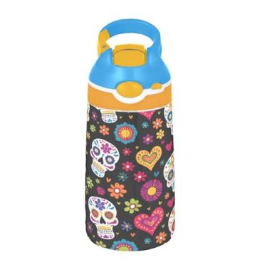 Imagem de ATTX Garrafa de água Sugar Skull Flower 473 ml – Garrafa de água reutilizável Tritan Sports & Travel com canudo e tampa de bico pop-up #13