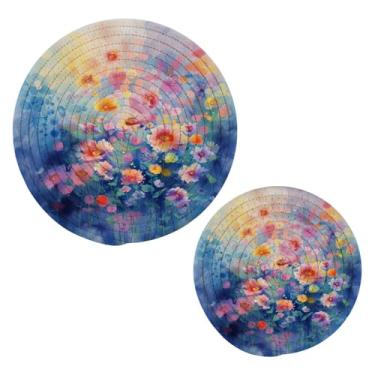 Imagem de Blueangle 2 peças de suporte de panela para pintura de flores coloridas - conjunto de pegadores de panela de tecido redondo - almofadas quentes trançadas de algodão - porta-copos - tapetes de mesa