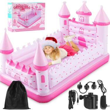 Imagem de Relaxgiant Pink Castle Cama de viagem infantil com amortecedor de segurança e colchão de ar inflável para crianças, colchão de ar portátil com bomba para férias, hotel, casa, festa do pijama, presente