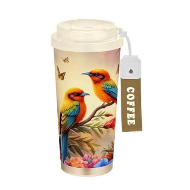 Imagem de Wassud Caneca de café de viagem com isolamento térmico Two Birds Colorful Flowers Copo à prova de vazamento com tampa e canudo Garrafa de água de aço inoxidável para café quente/gelo, chá e cerveja
