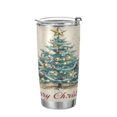 Imagem de YETTASBIN Copo de árvore de Natal com tampa de palha, copo de aço inoxidável de 590 ml, parede dupla, isolada a vácuo, caneca de café de viagem para bebidas quentes e frias