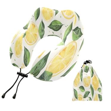 Imagem de CEBUGI Travesseiros de viagem portáteis em forma de U, travesseiro de pescoço de espuma viscoelástica com trava de corda ajustável para avião, viagem, trem, negócios, escritório, soneca (limão)