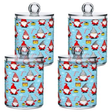 Imagem de STAYTOP 4 frascos de boticário Qtip para banheiro com etiquetas – Recipiente de armazenamento Qtip de plástico transparente para bola de algodão, cotonete, grão de café e gnomos de Natal