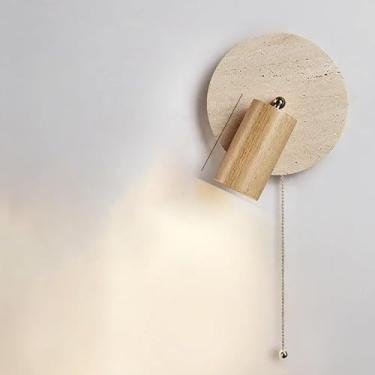 Imagem de Luminária de parede LED redonda para leitura, em pedra, com foco giratório e interruptor de puxar, na cor madeira de nogueira. Decoração para casa.