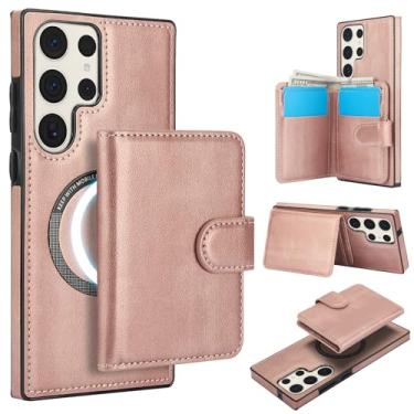 Imagem de Para Samsung Galaxy S23 Carteira ultra destacável compatível com Magsafe capa de carregamento sem fio com suporte para cartão, compartimento para dinheiro, capa à prova de choque 2 em 1 (ouro rosa)