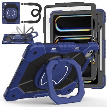 Imagem de Capa para iPad Pro 13 polegadas M5 2025 / M4 2024, Auorld para iPad Pro 13 polegadas M5 2025 com protetor de tela, suporte giratório de 360 graus, alça de ombro, suporte para lápis, azul marinho