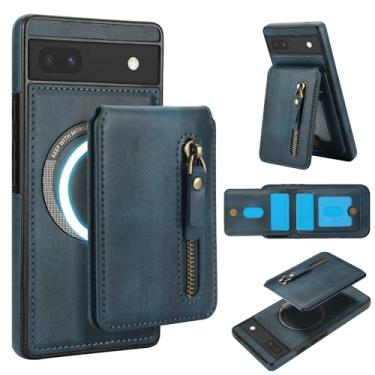 Imagem de Carteira removível compatível com carregamento sem fio Magsafe para Google Pixel 6A com suporte para cartão, bolso com zíper, suporte 2 em 1 à prova de choque (azul)