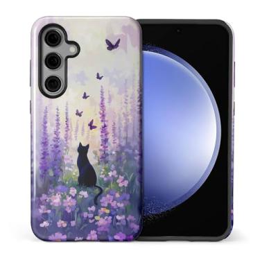 Imagem de XUANWENPA Capa para Samsung Galaxy S25 Plus, com um design rígido de proteção de duas camadas mistas com padrões brilhantes, borboleta lavanda e gato.