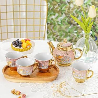 Imagem de Conjunto de Bule Porcelana de Luxo Composto Por Cinco XíCaras e Um Bule, Adequado Para Chá Da Tarde, Café Ou Bebidas Quentes.(JOGO FLOR ROSA 5 pecas)