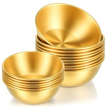 Imagem de Meyeyaia Pacote com 16 copos de condimento de metal de 8 cm, copos de molho de aço inoxidável, mini tigelas redondas douradas individuais para molhos, molho de soja, condimentos, aperitivos, faciais