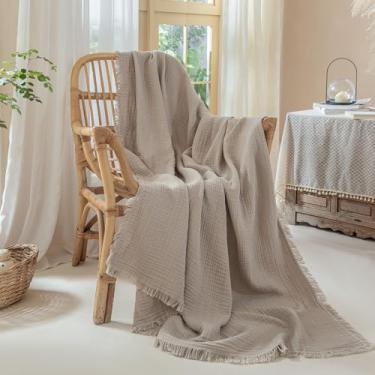 Imagem de XINJU Cobertores de musselina 100% algodão com franja para sofá cama, gaze de 4 camadas, leve, respirável, macio para todas as estações (bege, cinza, manta (127 cm × 152 cm))