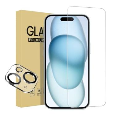 Imagem de Pacote 1+1 compatível com iPhone 15 protetor de tela de vidro temperado de 6,1 polegadas com acessórios de protetor de lente de câmera, kit de instalação premium mais fácil 9H, compatível com capa