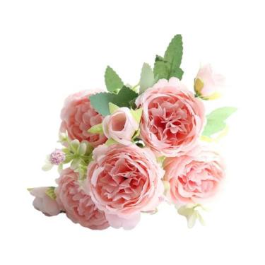 Imagem de Buquê De Flores Artificiais De Rosa E Peônia Com 5 Cabeças Para Decora