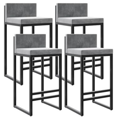 Imagem de Banquetas de veludo com altura para balcão com apoio para os pés nas costas para cozinha, banquetas de metal modernas, cadeiras de bar estofadas, bancos de ilha - cinza, 4 peças, 65 cm de altura