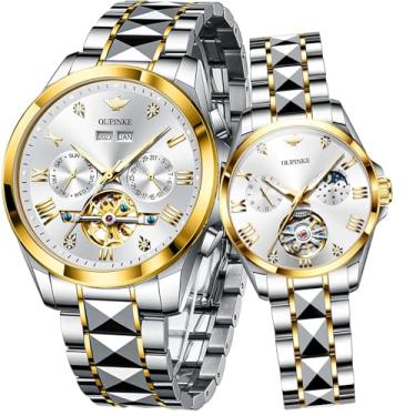 Imagem de OLEVS Conjunto de pares de relógios mecânicos automáticos com corda automática, relógio combinando para ele e ela, presentes de Dia dos Namorados, 3186+3202: pulseira dourada e mostrador branco