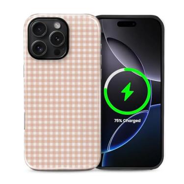 Imagem de casesok Capa para iPhone 16 Pro, compatível com MagSafe, capa rígida de camada dupla + capa de silicone, proteção total à prova de choque, capa para iPhone 16 Pro-rosa guingão retrô xadrez