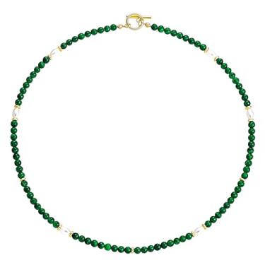Imagem de Colar gargantilha feminina com contas de malaquita verde natural de 4 mm, contas e pérolas banhadas a ouro 18K, joia de cristal de cura boho minimalista, colar de presente de 40 cm