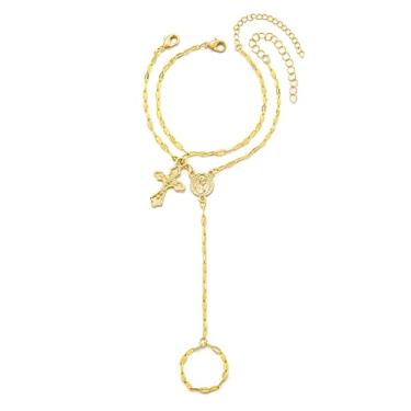 Imagem de Pulseira de corrente de mão banhada a ouro 14K com anel, delicada pulseira de dedo de zircão cúbico, joia corporal de punho ajustável presentes para mulheres, One Size, Zircônia cúbica