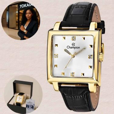 Imagem de Relógio Champion Feminino CN28106H Analógico Caixa Quadrada Dourada Mostrador Prata Pulseira Preta Couro Resistente À Água