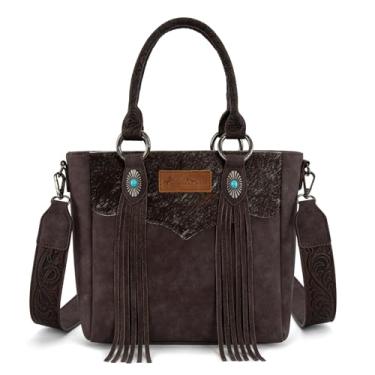 Imagem de Montana West Bolsa transversal feminina Western de couro com borla e alça superior, Café, 9"L x 4"W x 9"H