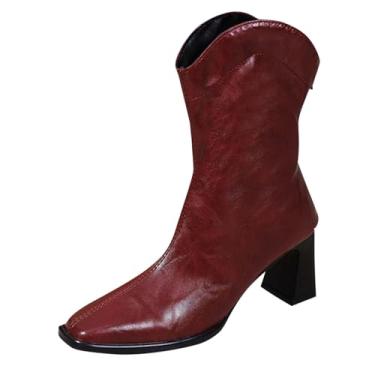 Imagem de Botas femininas de bico quadrado com zíper e salto grosso para moda outono e inverno, Vermelho, 38