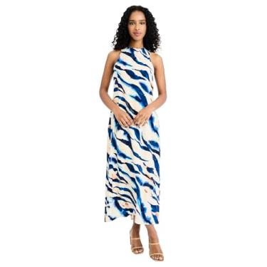 Imagem de Donna Morgan Vestido maxi feminino elegante com estampa de mármore, gola alta, sem mangas, para convidados de casamento e eventos de verão, Cannoli Creme/Princess Blue, 52